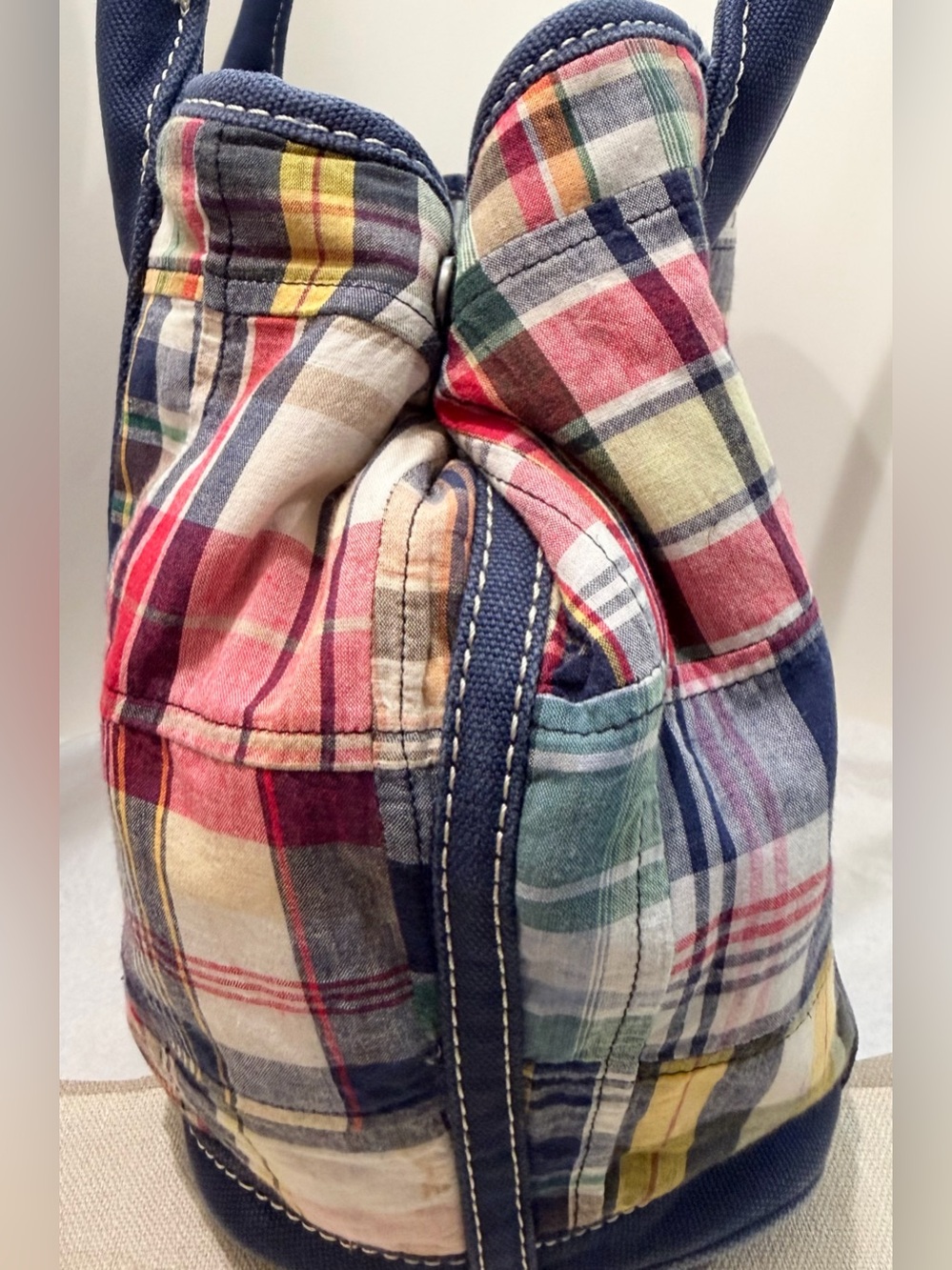 Madras Patchwork Plaid Vintage J.Crew Large Tote Bag Navy Canvas - Picture 11 of 16